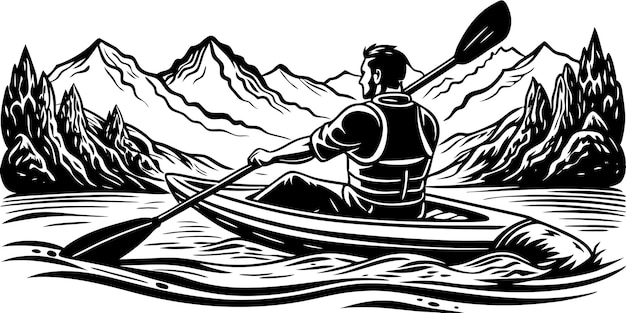 Mountain Lake Kayaking Silhouette of Man Rafting Vector illustration on white background