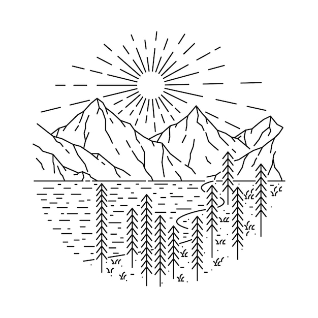 Mountain Lake Nature Line Illustration