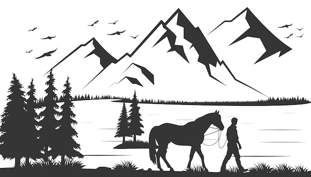 Mountain lake silhouette graphic art black white landscape illustration vector Mountain and lake black and white illustration Mountain vector illustration