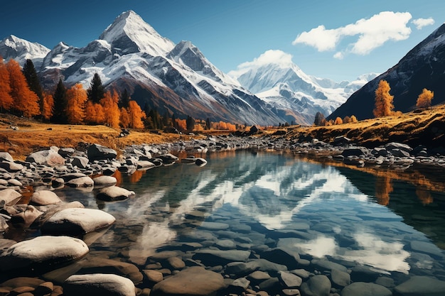 A mountain lake with a reflection of a mountain in the water Mountain Serenity SnowCovered Lake on