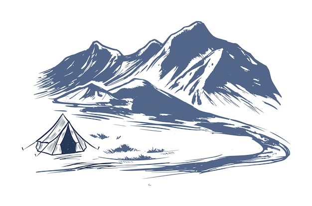 Mountain landscape, Camping in nature, sketch style, vector illustrations.