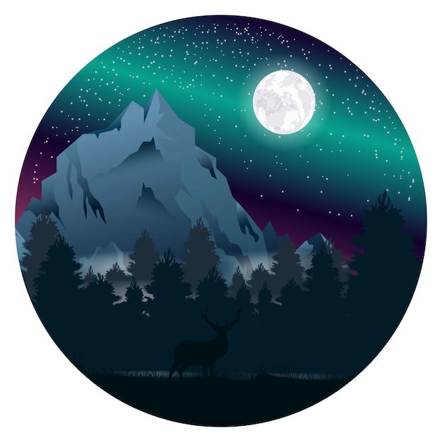 Mountain landscape Colorful premium vectors Deer silhouette Forest Moon