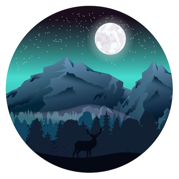 Mountain landscape Colorful premium vectors Deer silhouette Forest Moon