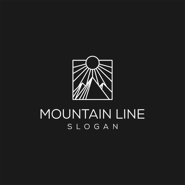 Mountain landscape geometric logo with sun Sunset or sunrise rectangular abstract icon