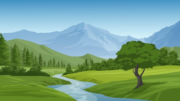 Mountain landscape illustration with stream and meado