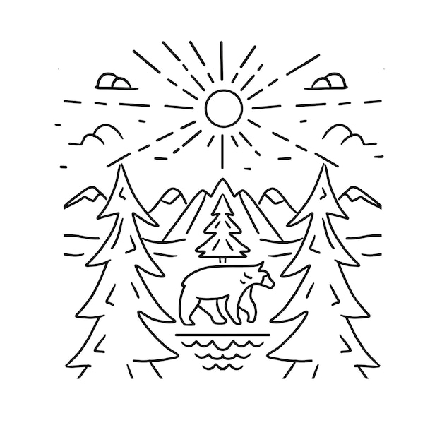 Mountain landscape line art simple art  forest mount bear and sun vector illustration