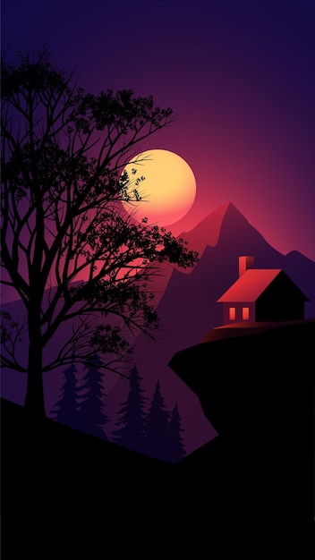  mountain landscape at night with house and moonlight