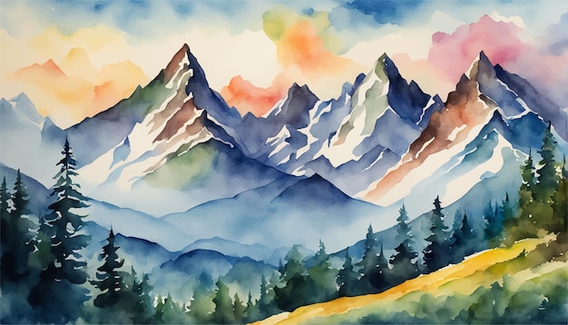 Mountain landscape watercolor Background Watercolor colorful mountains Watercolor Nature landscape