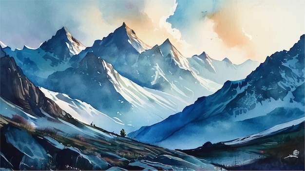 Mountain landscape watercolor Background Watercolor colorful mountains Watercolor nature landscape