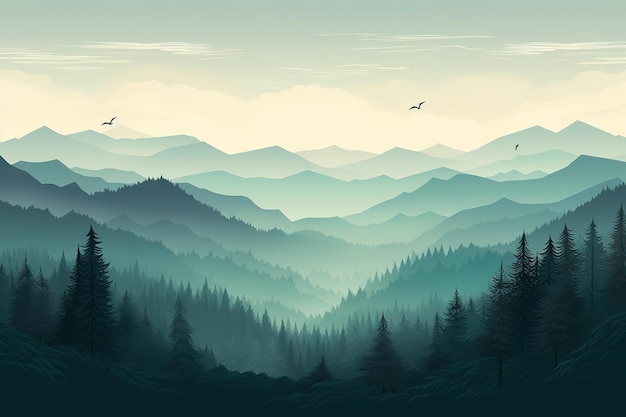 Vector a mountain landscape with birds flying over the mountains