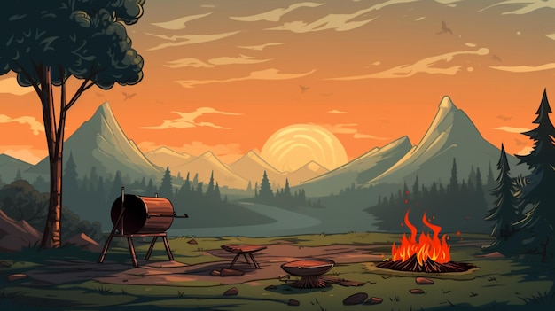 a mountain landscape with a camper and a campfire