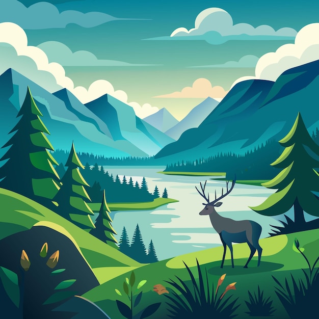 Vector a mountain landscape with a deer and a river