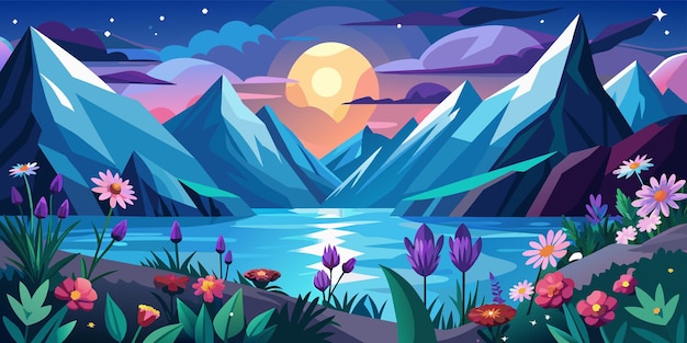 Vector mountain landscape with flowers vector illustration