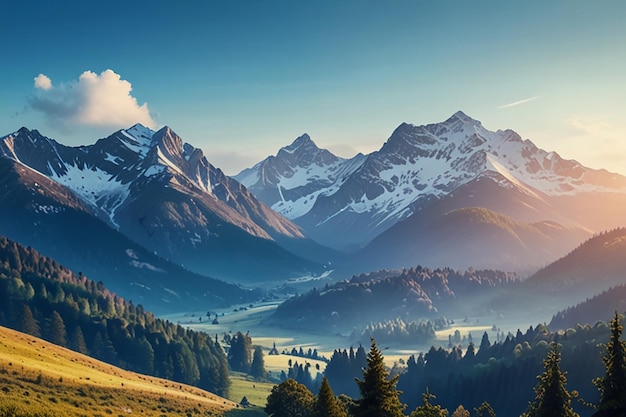 a mountain landscape with a green field and a blue sky with a green field and a mountain in the back