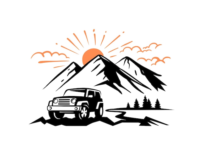 Mountain landscape with off road car vector. SUV auto