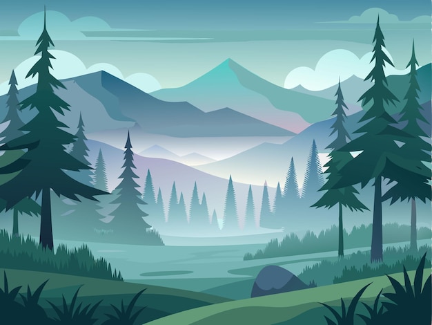 Vector a mountain landscape with pine trees and mountains