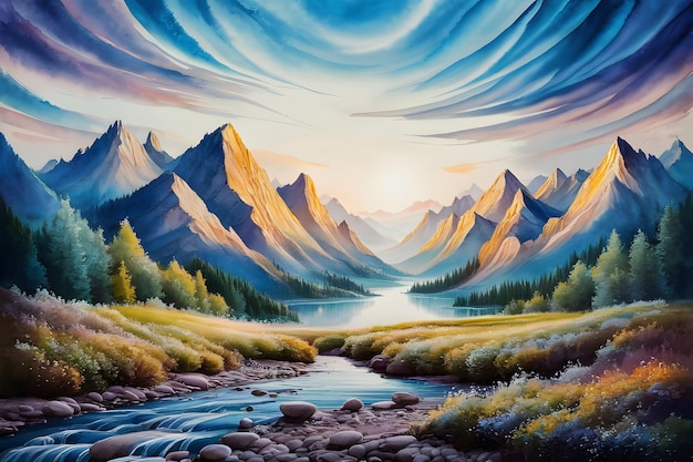 Mountain landscape with a river in the foreground Digital painting