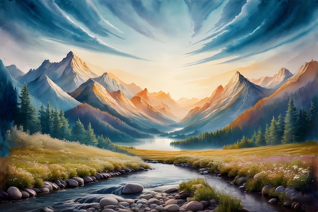 Mountain landscape with a river in the foreground Digital painting