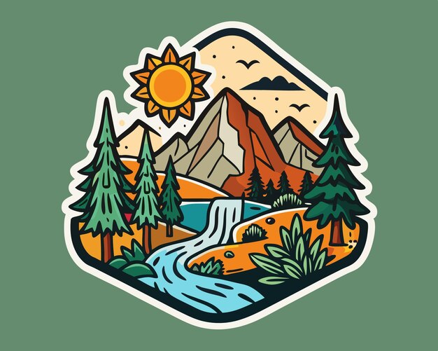 Vector a mountain landscape with a river and trees