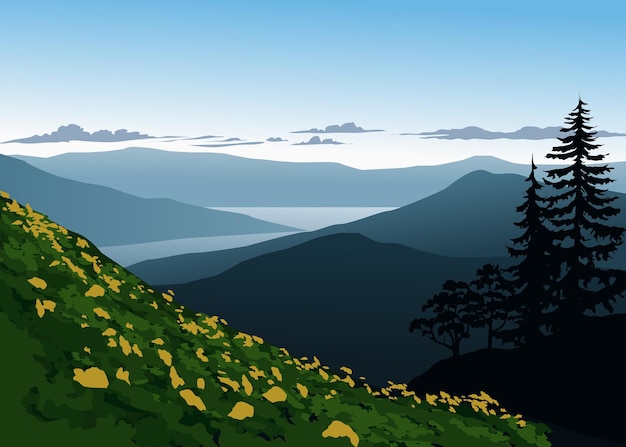 Vector a mountain landscape with a tree on the top of it