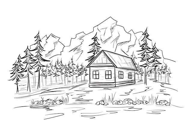 Mountain landscape with wood cabin in line sketch style