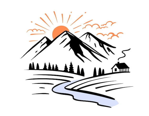 Mountain landscape and wooden cabin vector. Adventure and hiking theme