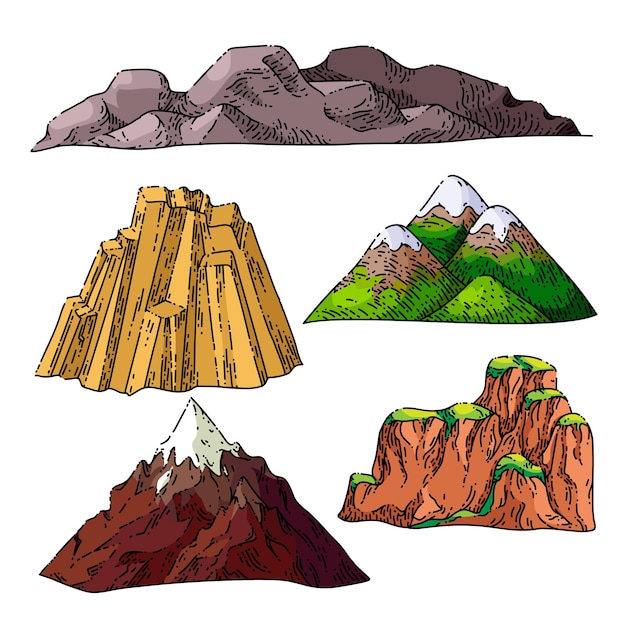 Mountain landskape set sketch hand drawn vector