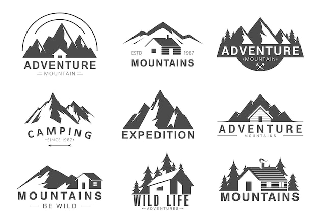 Mountain logo. camping outdoor tourism adventure, rocky mountain peaks, life in wilderness