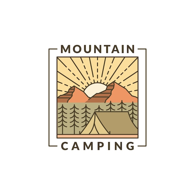 mountain morning camping illustration monoline or line art style