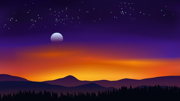 Mountain night illustration Vibrant colorful sky over mountain range with moonrise and stars