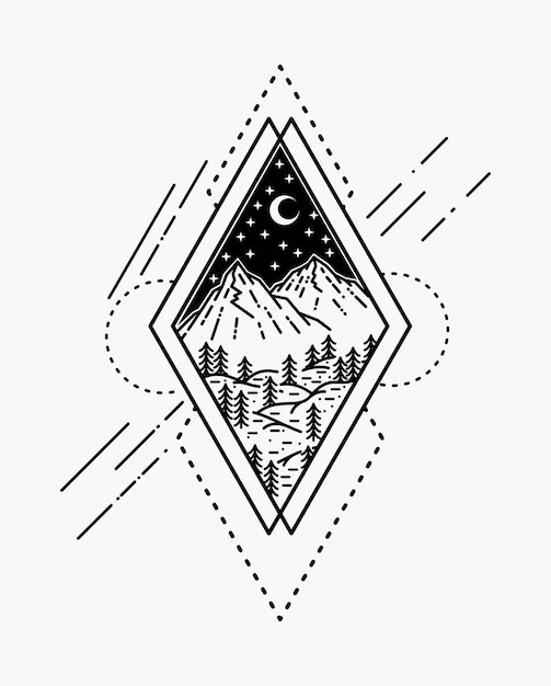 mountain at night tattoo monoline design