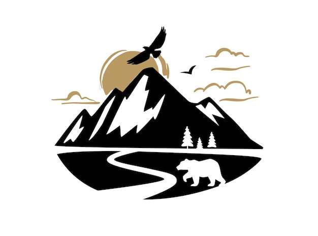 Mountain outdoor adventure landscape with bear vector