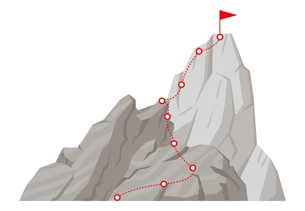 Mountain peak route Cartoon hiking trip to mountains top rocky range climbing dotted route with red flag on top flat vector illustration set on white background