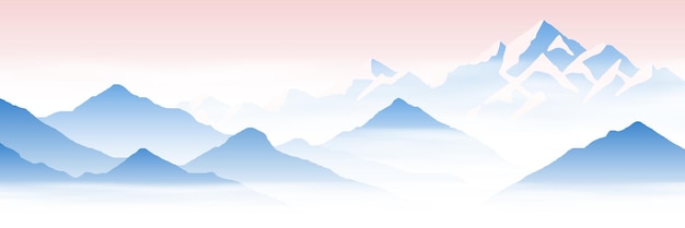 Mountain peaks above the clouds morning fog banner