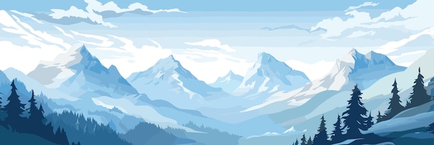 Mountain range with snowed peaks silhouette vector illustration Sunrise and sunset in mountains