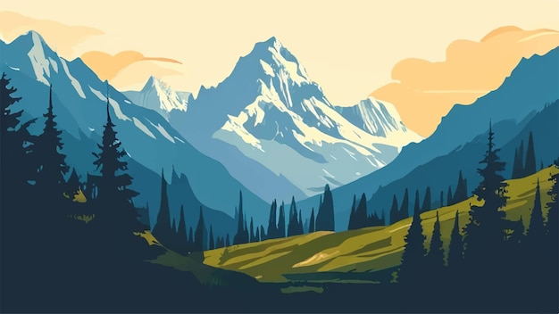 Vector a mountain range with trees and mountains in the background