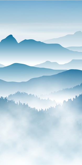 Vector mountain ranges in the fog vertical banner illustration