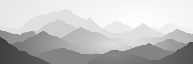 Vector mountain ranges in the morning haze, black and white landscape, banner