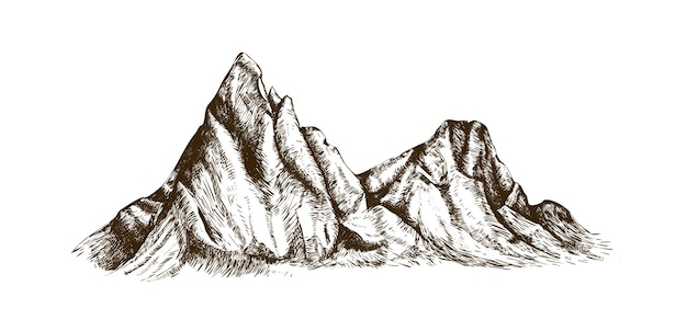 Mountain ridge or range hand drawn with contour lines on white background. Elegant vintage drawing of rocky cliff, peak or natural relief. Monochrome vector illustration in retro engraving style.