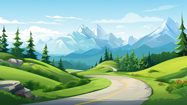 Vector a mountain road with a road and trees