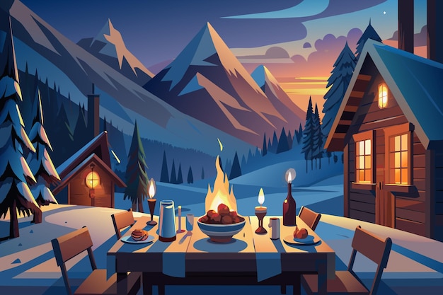 Vector a mountain scene with a cabin and a table with food on it