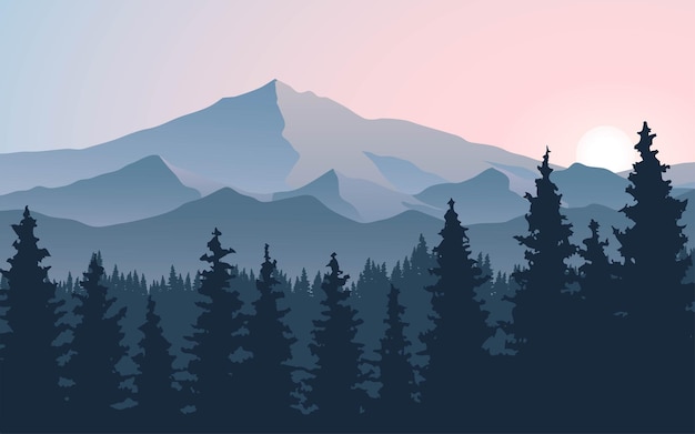 Mountain scene with forest and sunrise