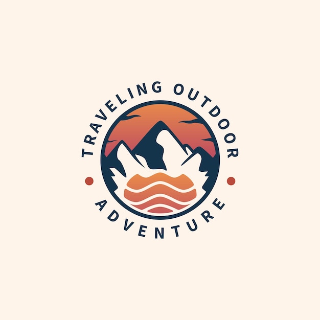 Mountain sea wave and sun vintage logo design for traveling outdoor adventure