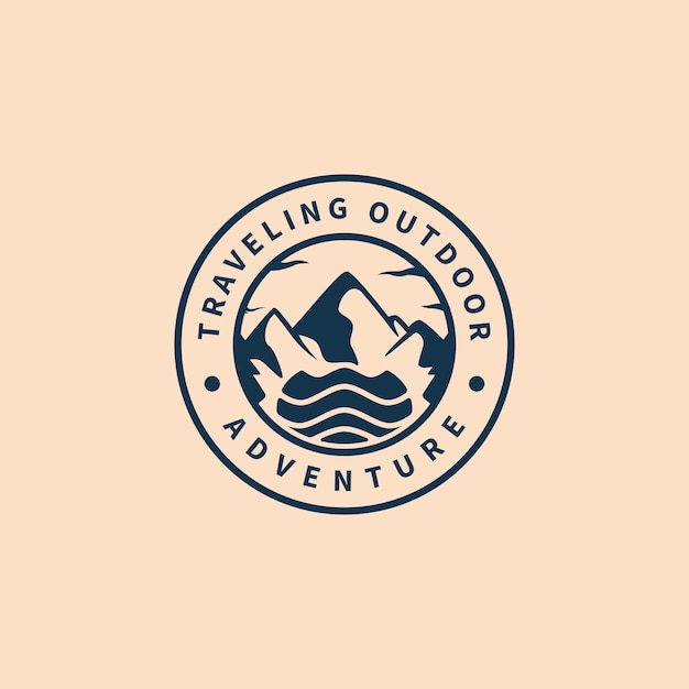 Mountain sea wave and sun vintage stamp logo design for traveling outdoor adventure