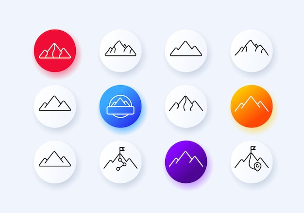 Mountain set icon rock tourism hill landform height climber flag journey Mountain range concept Neomorphism style Vector line icon for Business and Advertising