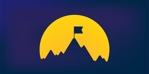 Mountain silhouette with flag over sun illustration