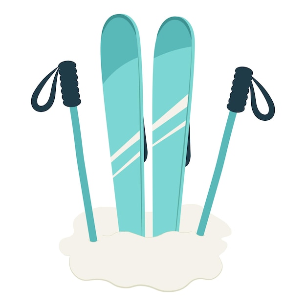 Mountain ski and stick in the snow. Hand drawn vector illustration isolated on white background