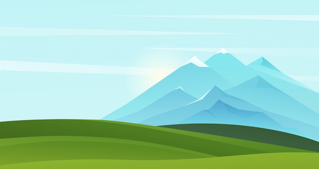 Mountain summer landscape illustration. Cartoon mountainous natural simple scenery background with green grass scenic fields on hills and mountains on horizon, sunny nature scene summertime