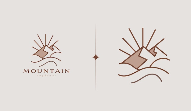 Mountain and Sun Rays Mount Peak Hill Nature Landscape view for Adventure Outdoor logo template