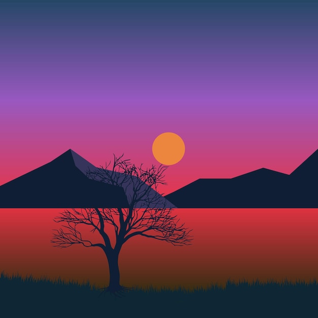 Mountain Sunrise and Sunset Vector Illustration with Winter Tree